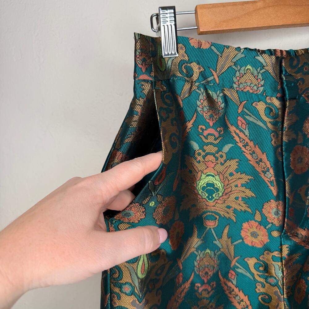 Anthropologie Maeve Melyssa Jacquard Jade Gold Metallic Paisley Trouser Pants XS - Picture 6 of 16